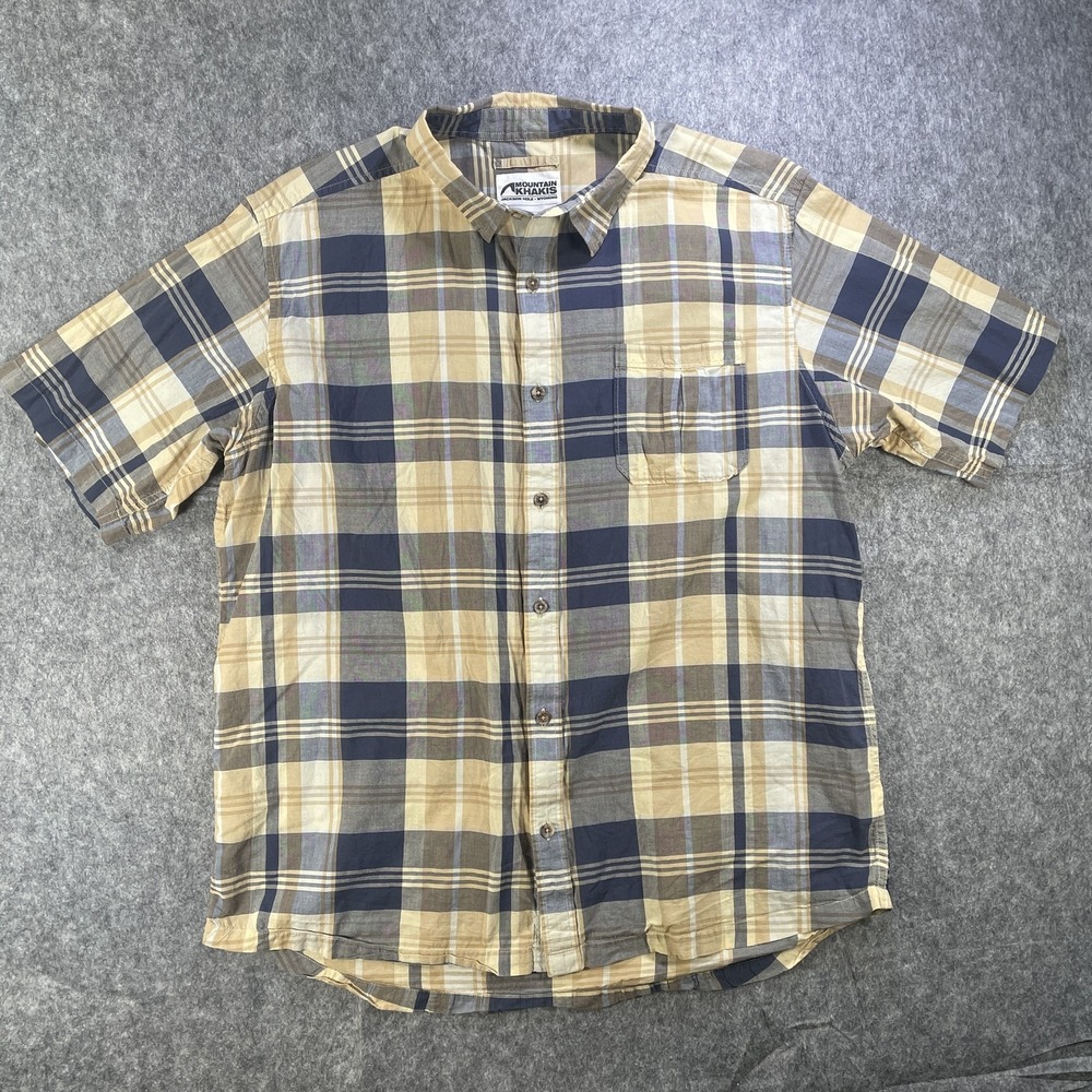Mountain Khakis Shirt Mens Large Yellow Blue Plaid Button Up Cotton Outdoor